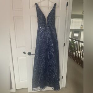 Full Length Navy Glitter Tulle and Satin Gown